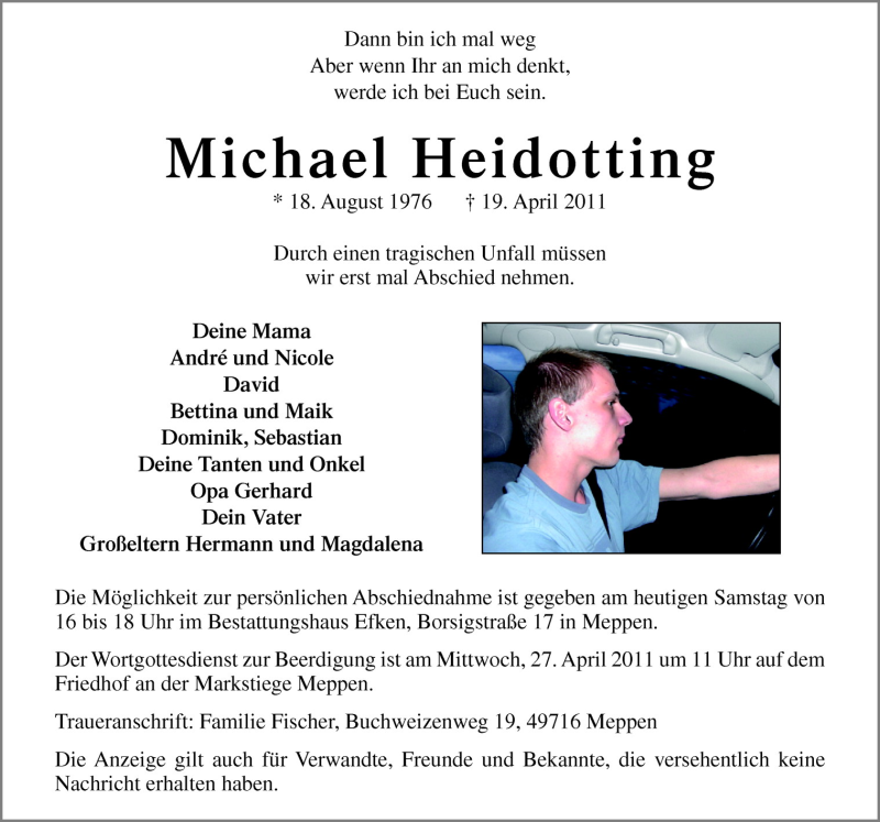  Traueranzeige für Michael Heidotting vom 23.04.2011 aus Neue Osnabrücker Zeitung GmbH & Co. KG