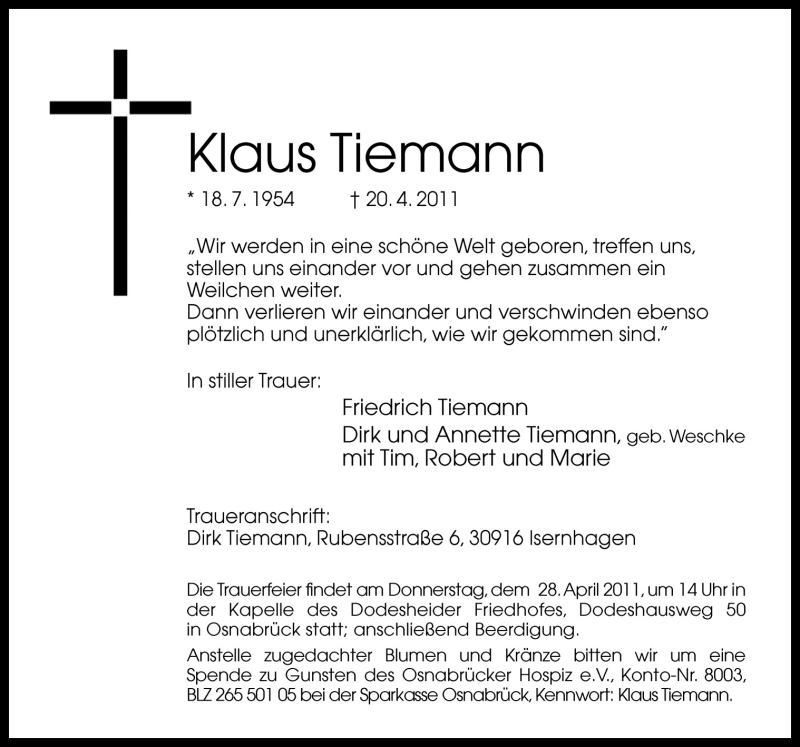  Traueranzeige für Klaus Tiemann vom 23.04.2011 aus Neue Osnabrücker Zeitung GmbH & Co. KG