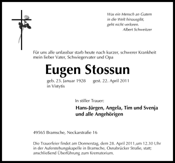 Traueranzeige von Eugen Stossun von Neue Osnabrücker Zeitung GmbH & Co. KG