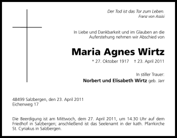 Traueranzeige von Maria Agnes Wirtz von Neue Osnabrücker Zeitung GmbH & Co. KG