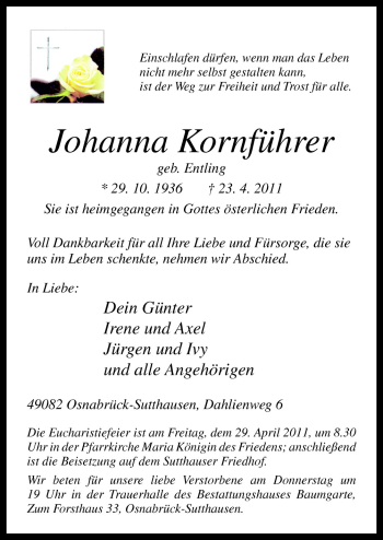 Traueranzeige von Johanna Kornführer von Neue Osnabrücker Zeitung GmbH & Co. KG
