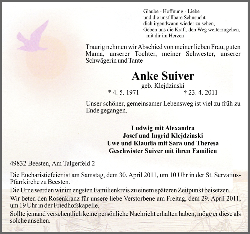  Traueranzeige für Anke Suiver vom 26.04.2011 aus Neue Osnabrücker Zeitung GmbH & Co. KG