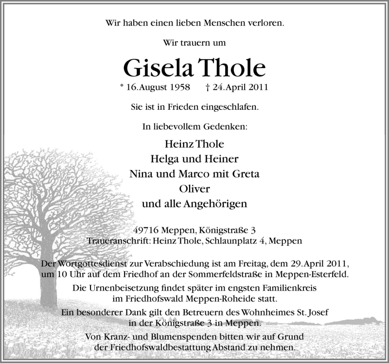  Traueranzeige für Gisela Thole vom 27.04.2011 aus Neue Osnabrücker Zeitung GmbH & Co. KG