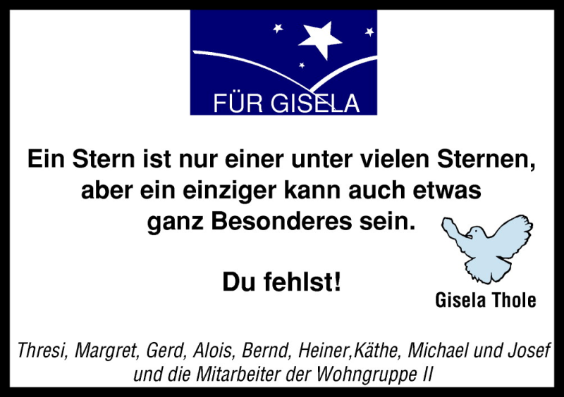  Traueranzeige für Gisela Thole vom 28.04.2011 aus Neue Osnabrücker Zeitung GmbH & Co. KG