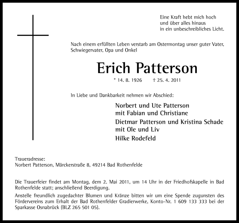  Traueranzeige für Erich Patterson vom 28.04.2011 aus Neue Osnabrücker Zeitung GmbH & Co. KG
