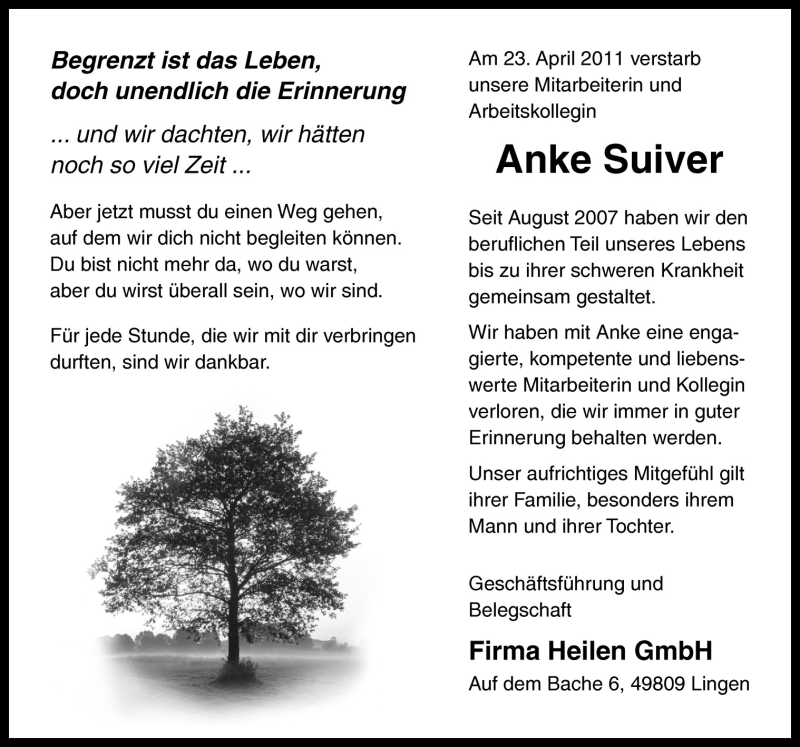  Traueranzeige für Anke Suiver vom 28.04.2011 aus Neue Osnabrücker Zeitung GmbH & Co. KG