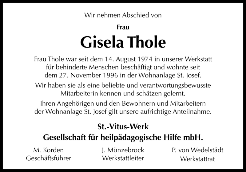  Traueranzeige für Gisela Thole vom 28.04.2011 aus Neue Osnabrücker Zeitung GmbH & Co. KG