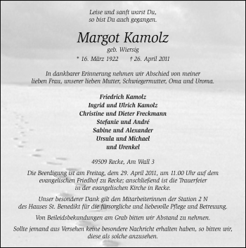 Traueranzeige von Margot Kamolz von Neue Osnabrücker Zeitung GmbH & Co. KG