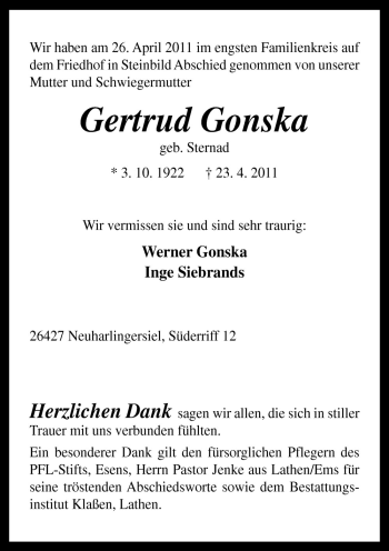 Traueranzeige von Gertrud Gonska von Neue Osnabrücker Zeitung GmbH & Co. KG