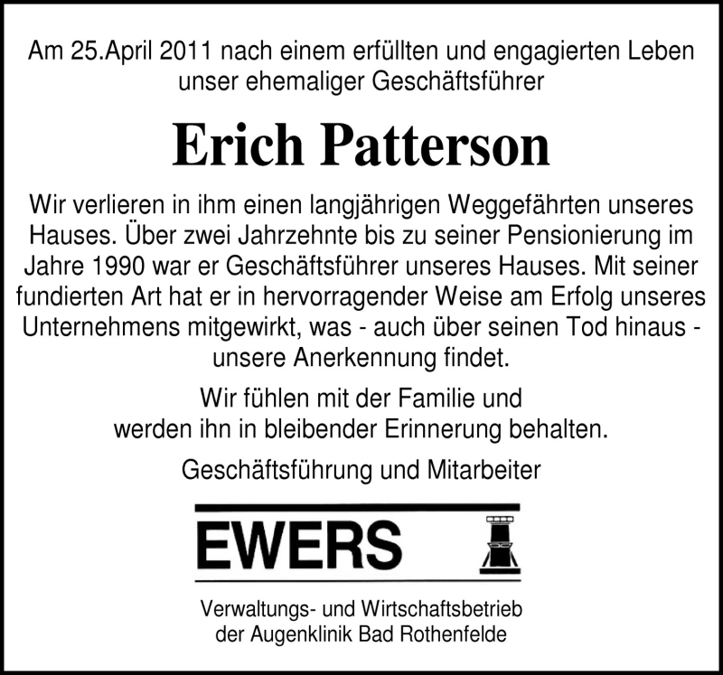  Traueranzeige für Erich Patterson vom 30.04.2011 aus Neue Osnabrücker Zeitung GmbH & Co. KG