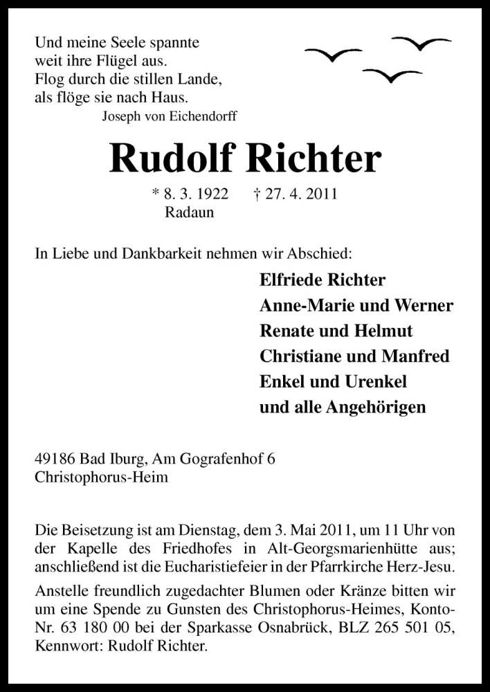  Traueranzeige für Rudolf Richter vom 30.04.2011 aus Neue Osnabrücker Zeitung GmbH & Co. KG