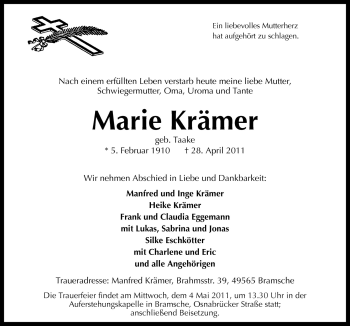 Traueranzeige von Marie Krämer von Neue Osnabrücker Zeitung GmbH & Co. KG