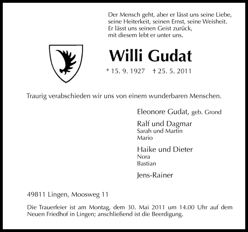  Traueranzeige für Willi Gudat vom 27.05.2011 aus Neue Osnabrücker Zeitung GmbH & Co. KG