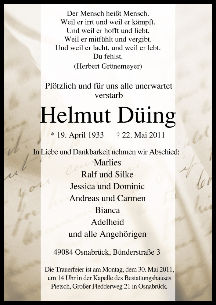  Traueranzeige für Helmut Düing vom 28.05.2011 aus Neue Osnabrücker Zeitung GmbH & Co. KG
