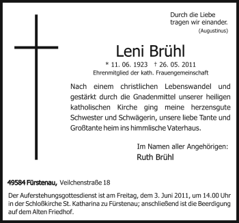 Traueranzeige von Leni Brühl von Neue Osnabrücker Zeitung GmbH & Co. KG