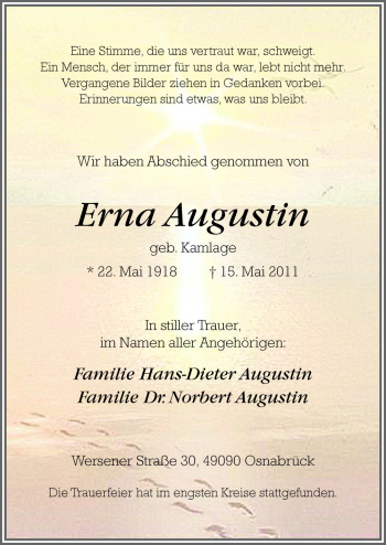 Traueranzeige von Erna Augustin von Neue Osnabrücker Zeitung GmbH & Co. KG