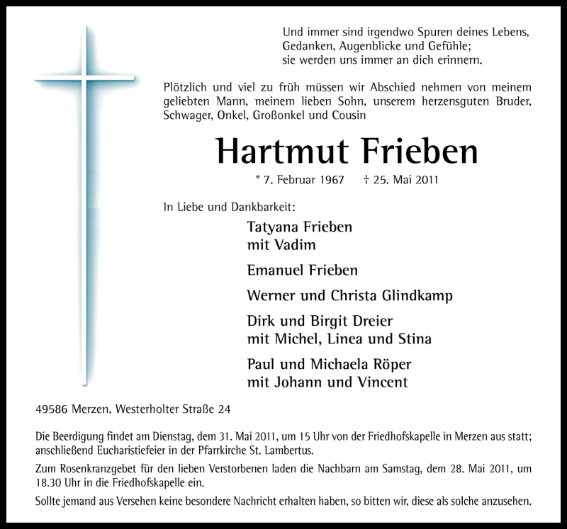  Traueranzeige für Hartmut Frieben vom 28.05.2011 aus Neue Osnabrücker Zeitung GmbH & Co. KG