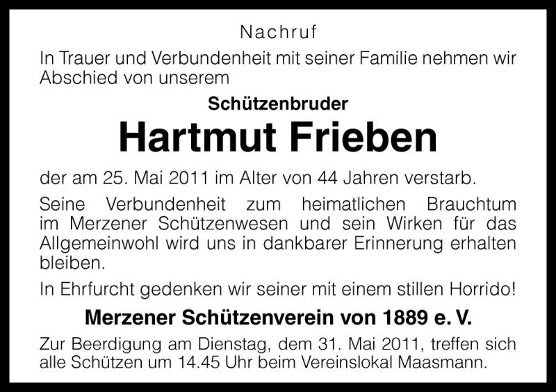  Traueranzeige für Hartmut Frieben vom 28.05.2011 aus Neue Osnabrücker Zeitung GmbH & Co. KG