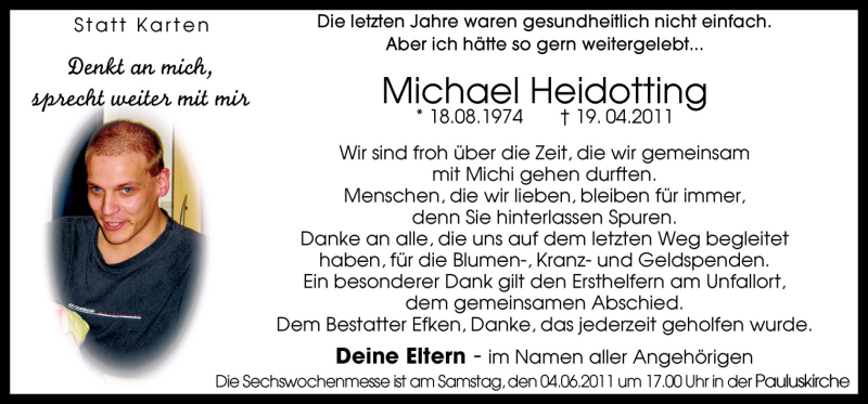  Traueranzeige für Michael Heidotting vom 31.05.2011 aus Neue Osnabrücker Zeitung GmbH & Co. KG