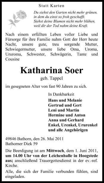 Traueranzeige von Katharina Soer von Neue Osnabrücker Zeitung GmbH & Co. KG