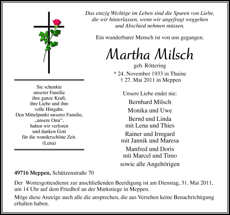  Traueranzeige für Martha Milsch vom 30.05.2011 aus Neue Osnabrücker Zeitung GmbH & Co. KG