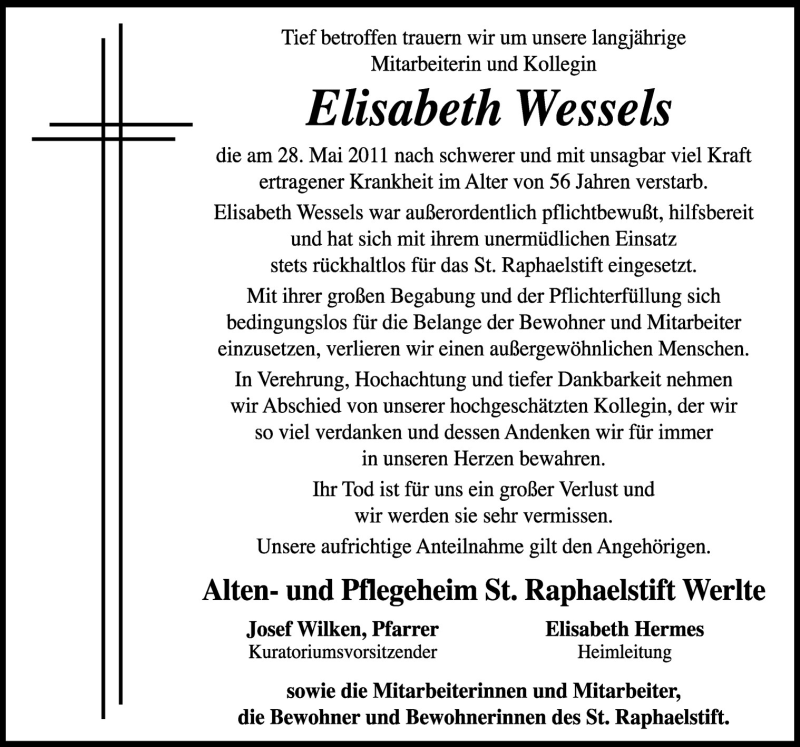  Traueranzeige für Elisabeth Wessels vom 31.05.2011 aus Neue Osnabrücker Zeitung GmbH & Co. KG