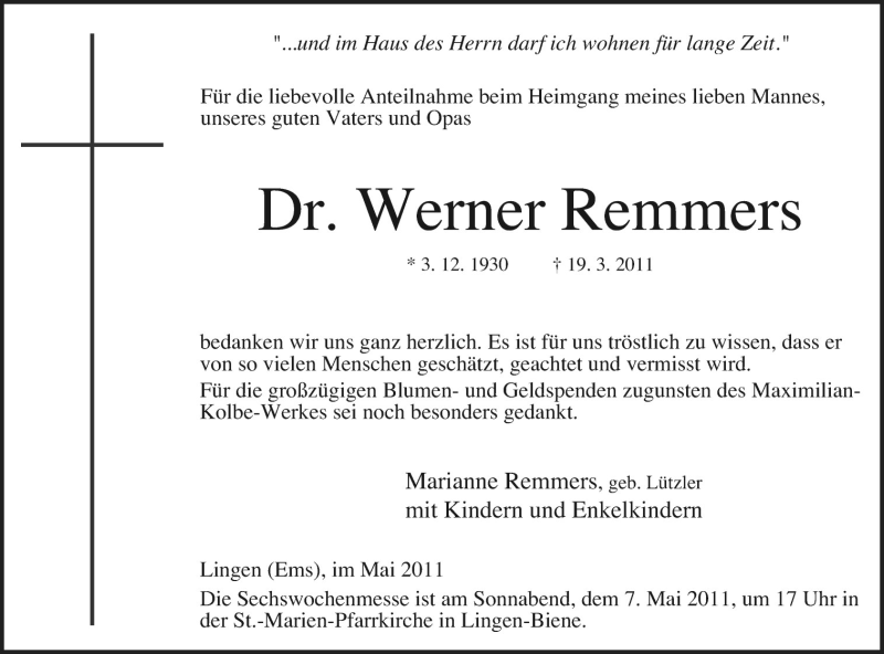  Traueranzeige für Werner Remmers vom 04.05.2011 aus Neue Osnabrücker Zeitung GmbH & Co. KG