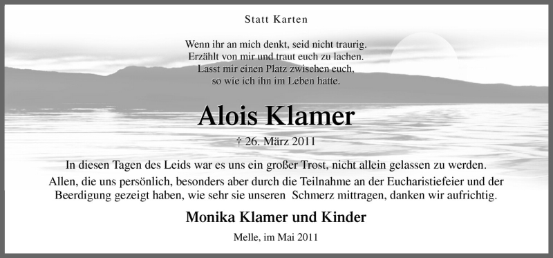  Traueranzeige für Alois Klamer vom 07.05.2011 aus Neue Osnabrücker Zeitung GmbH & Co. KG