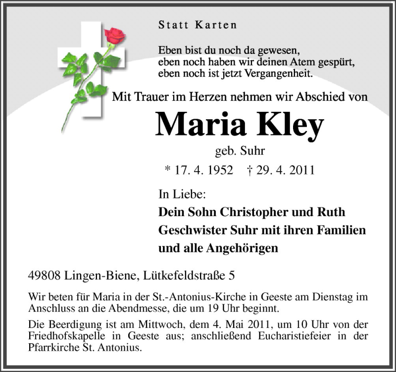  Traueranzeige für Maria Kley vom 02.05.2011 aus Neue Osnabrücker Zeitung GmbH & Co. KG