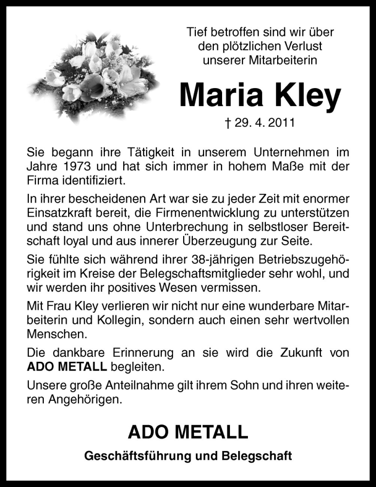  Traueranzeige für Maria Kley vom 03.05.2011 aus Neue Osnabrücker Zeitung GmbH & Co. KG