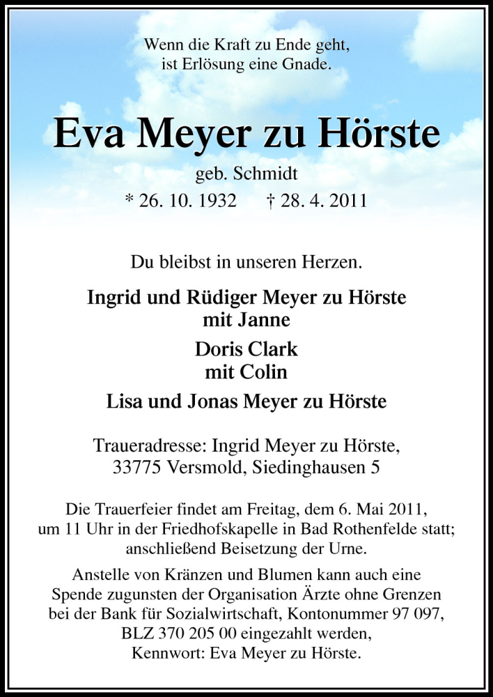  Traueranzeige für Eva Meyer zu Hörste vom 03.05.2011 aus Neue Osnabrücker Zeitung GmbH & Co. KG