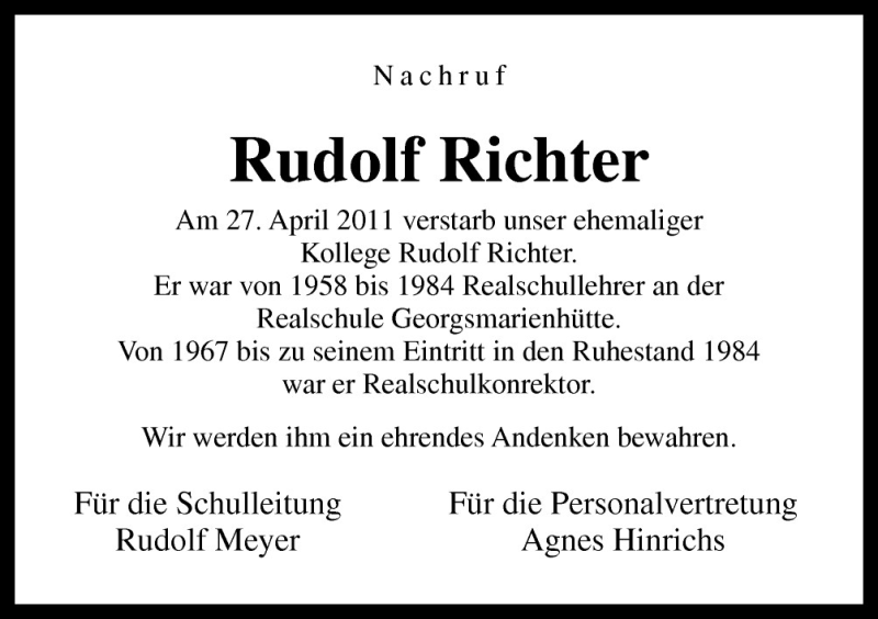  Traueranzeige für Rudolf Richter vom 04.05.2011 aus Neue Osnabrücker Zeitung GmbH & Co. KG