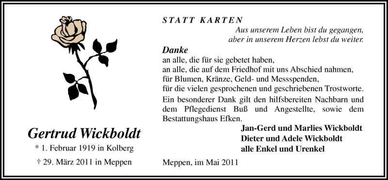  Traueranzeige für Gertrud Wickboldt vom 07.05.2011 aus Neue Osnabrücker Zeitung GmbH & Co. KG