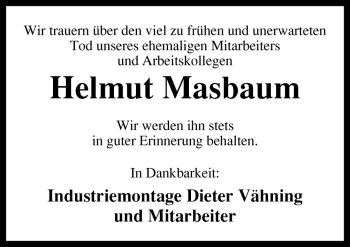 Traueranzeige von Helmut Masbaum von Neue Osnabrücker Zeitung GmbH & Co. KG