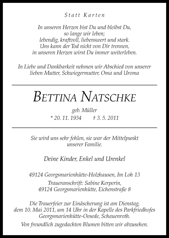  Traueranzeige für Bettina Natschke vom 07.05.2011 aus Neue Osnabrücker Zeitung GmbH & Co. KG