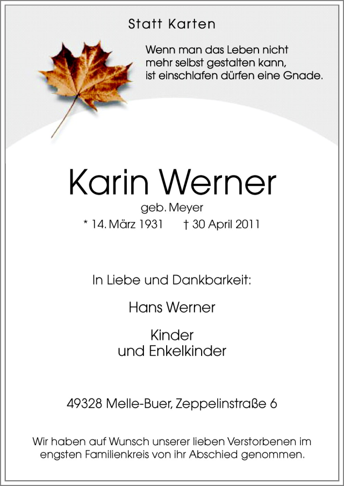  Traueranzeige für Werner Karin vom 07.05.2011 aus Neue Osnabrücker Zeitung GmbH & Co. KG