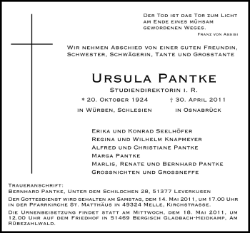 Traueranzeige von Ursula Pantke von Neue Osnabrücker Zeitung GmbH & Co. KG
