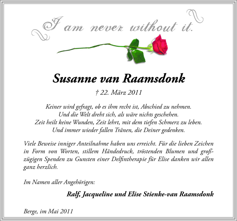  Traueranzeige für Susanne van Raamsdonk vom 07.05.2011 aus Neue Osnabrücker Zeitung GmbH & Co. KG