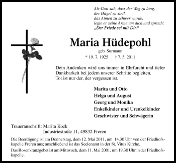 Traueranzeige von Maria Hüdepohl von Neue Osnabrücker Zeitung GmbH & Co. KG