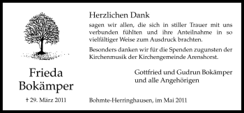 Traueranzeige von Frieda Bokämper von Neue Osnabrücker Zeitung GmbH & Co. KG