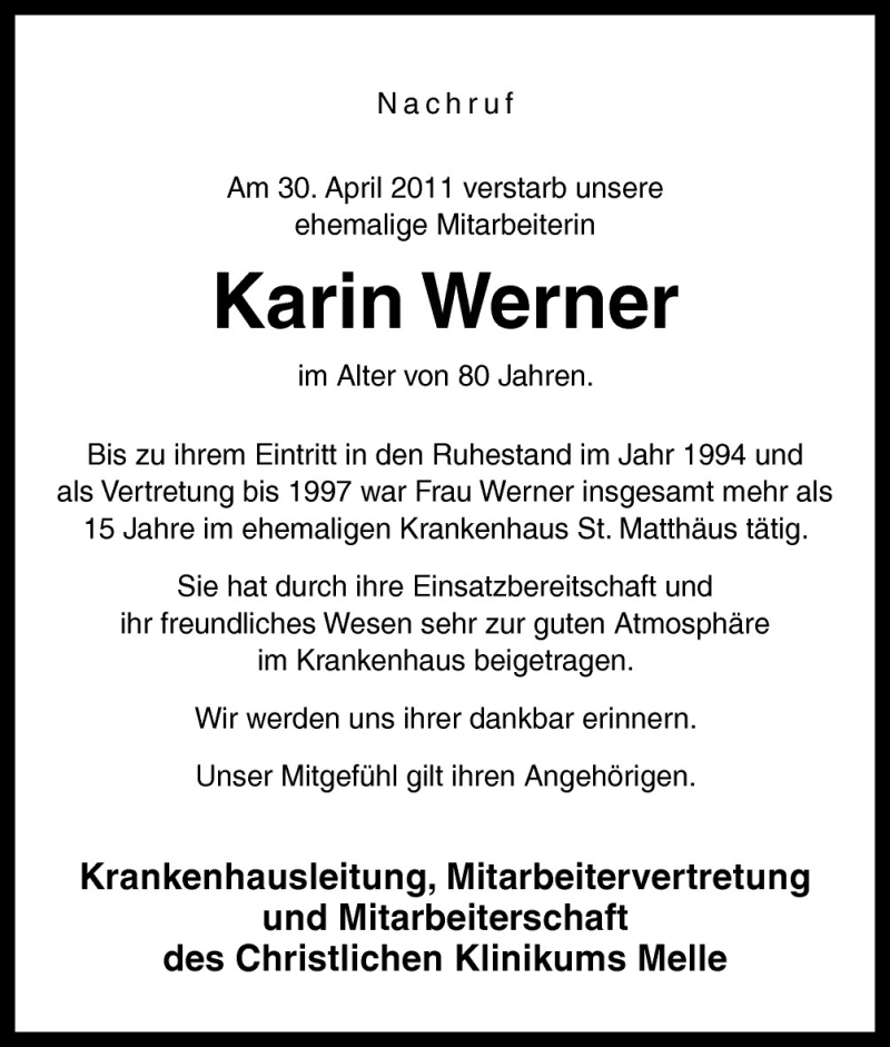  Traueranzeige für Werner Karin vom 10.05.2011 aus Neue Osnabrücker Zeitung GmbH & Co. KG