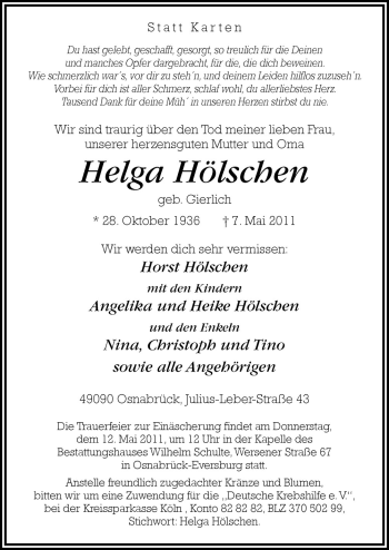 Traueranzeige von Helga Hölschen von Neue Osnabrücker Zeitung GmbH & Co. KG