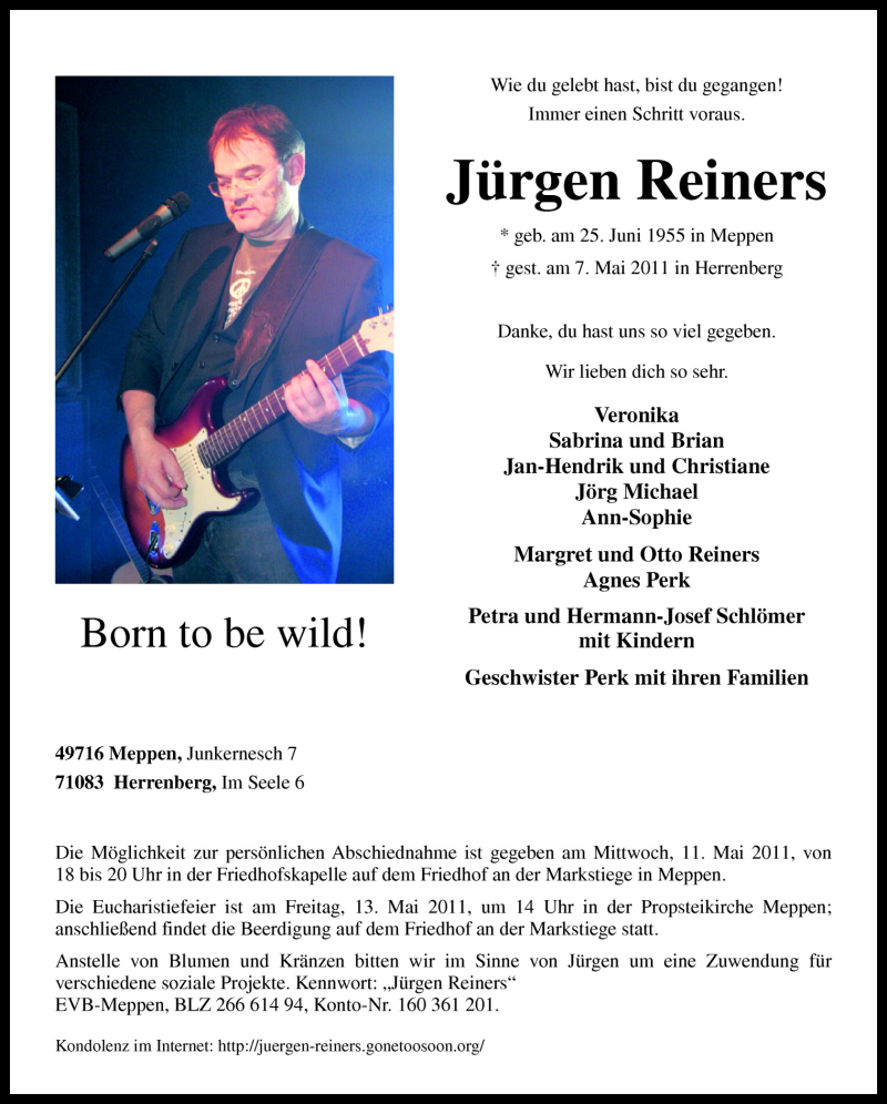 Traueranzeige für Jürgen Reiners vom 11.05.2011 aus Neue Osnabrücker Zeitung GmbH & Co. KG