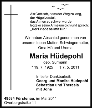 Traueranzeige von Maria Hüdepohl von Neue Osnabrücker Zeitung GmbH & Co. KG