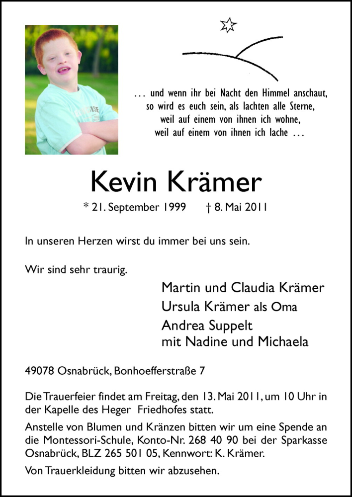  Traueranzeige für Kevin Krämer vom 11.05.2011 aus Neue Osnabrücker Zeitung GmbH & Co. KG