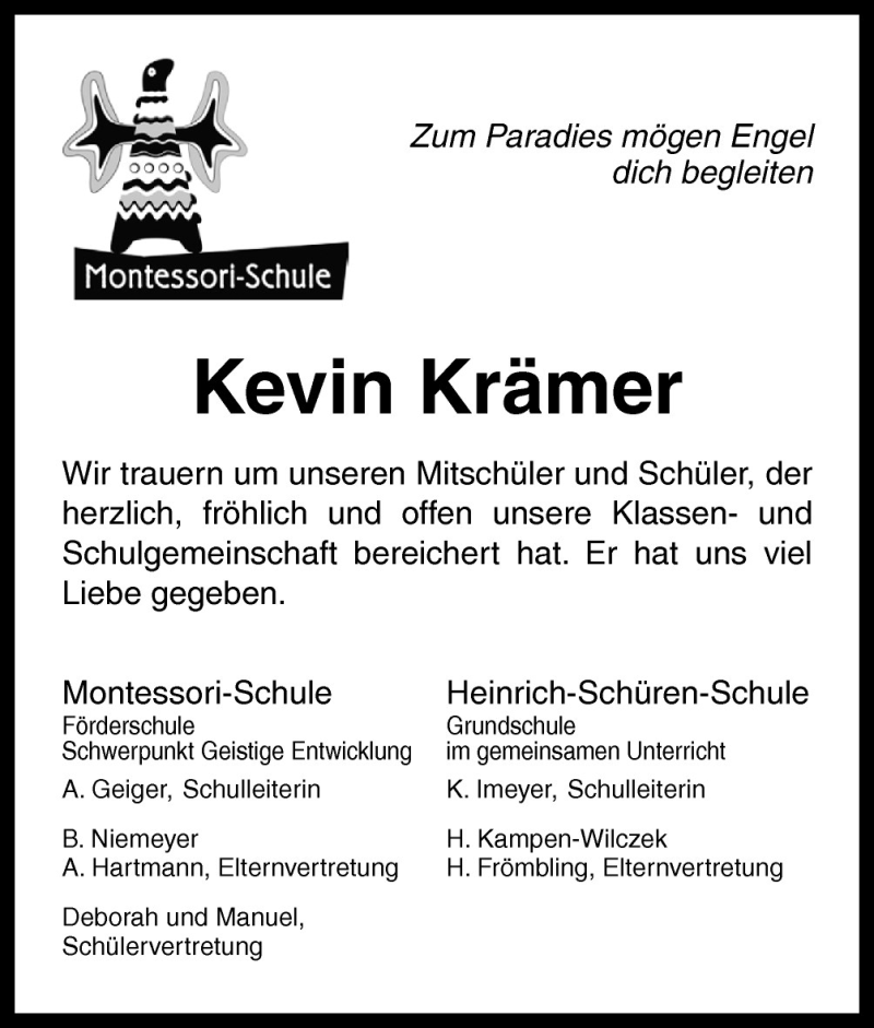  Traueranzeige für Kevin Krämer vom 11.05.2011 aus Neue Osnabrücker Zeitung GmbH & Co. KG