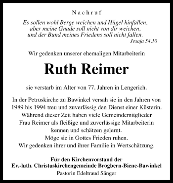 Traueranzeige von Ruth Reimer von Neue Osnabrücker Zeitung GmbH & Co. KG