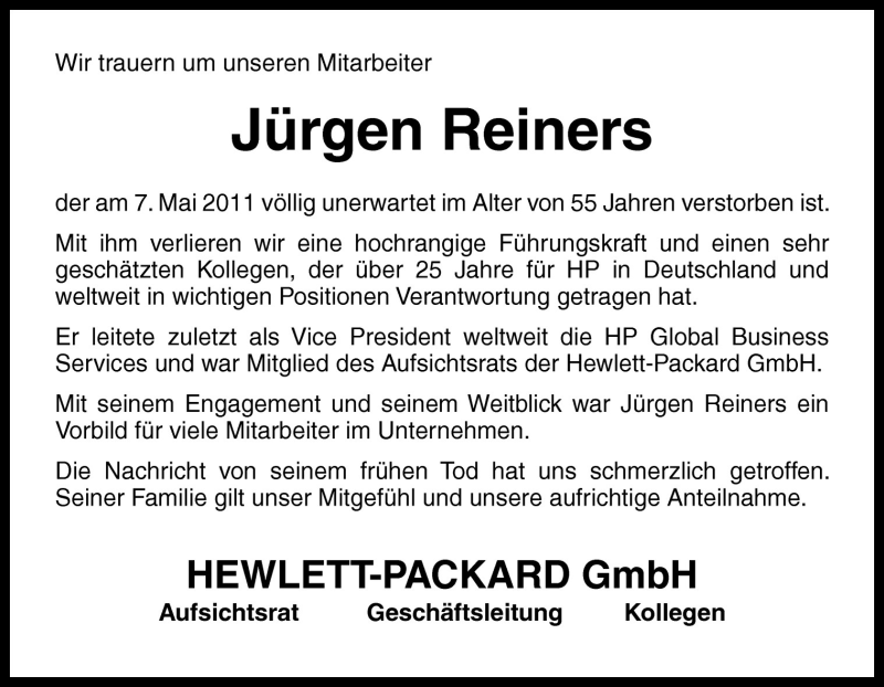  Traueranzeige für Jürgen Reiners vom 12.05.2011 aus Neue Osnabrücker Zeitung GmbH & Co. KG