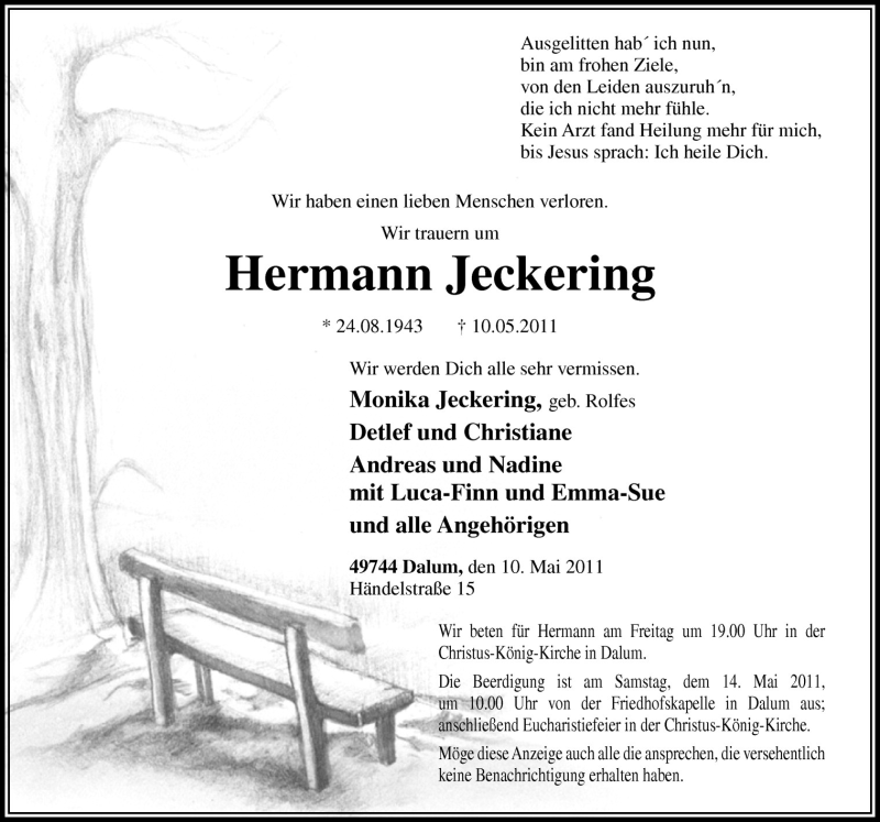  Traueranzeige für Hermann Jeckering vom 12.05.2011 aus Neue Osnabrücker Zeitung GmbH & Co. KG