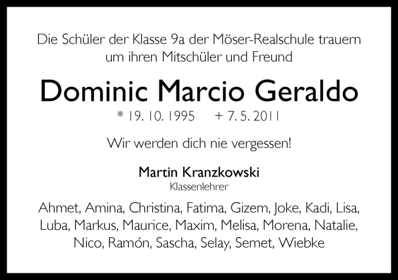  Traueranzeige für Dominic Marcio Geraldo vom 12.05.2011 aus Neue Osnabrücker Zeitung GmbH & Co. KG